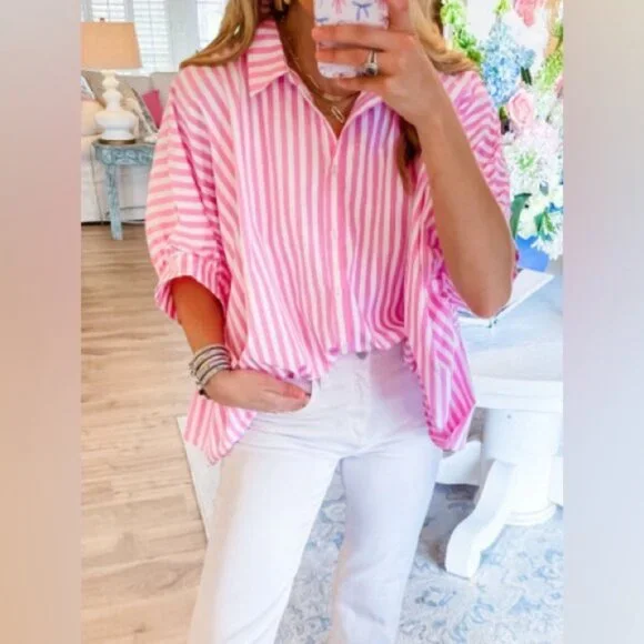 NWT A Walk in the Park Dolman Sleeve Pink|White Striped Dolman Sleeve blouse - Picture 3 of 5
